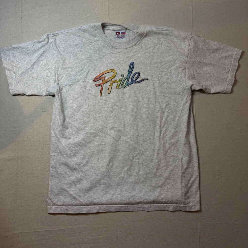 Vintage Bayside T Shirt Pride Rainbow Graphic Grey XL Made in USA - Picture 1 of 4
